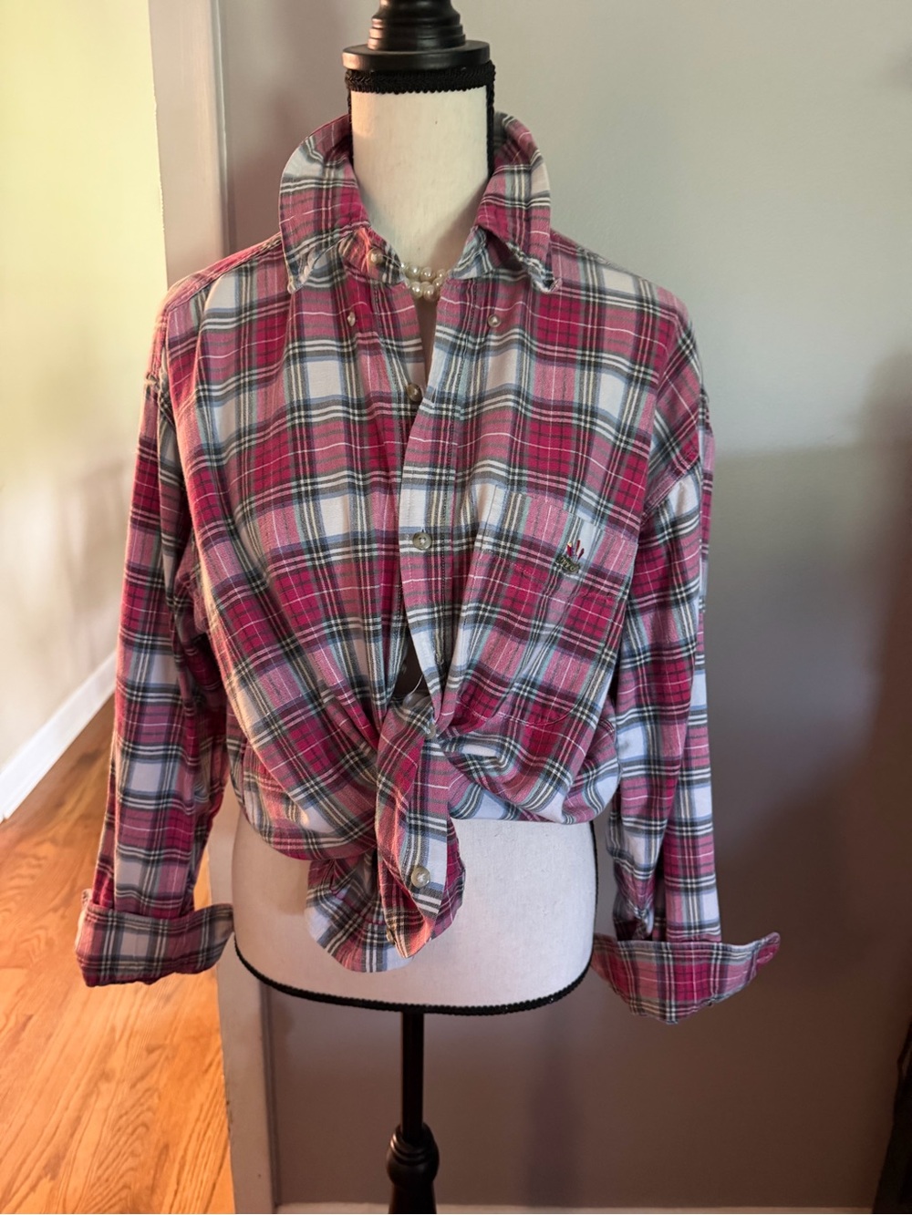 Women's Pink Plaid Tie-Front Button-Up Blouse